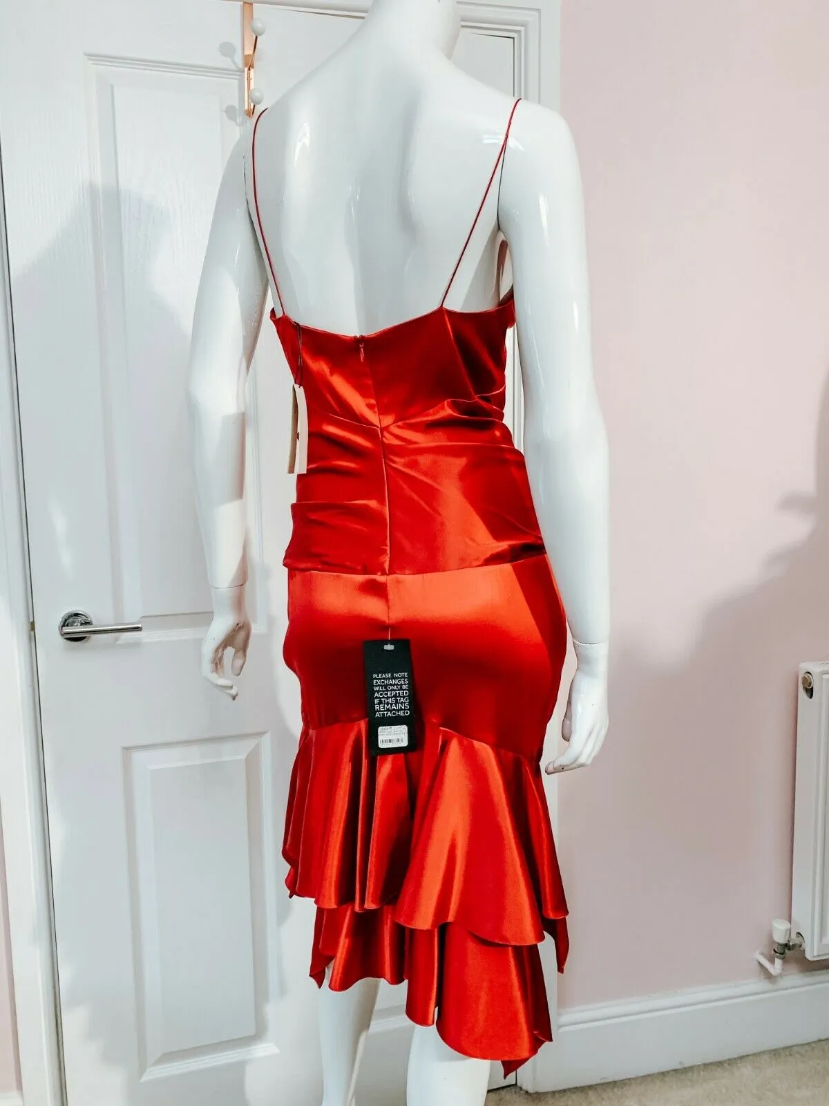 Alexandre Vauthier Ruby Red Ruched Strappy Silk Satin Dress