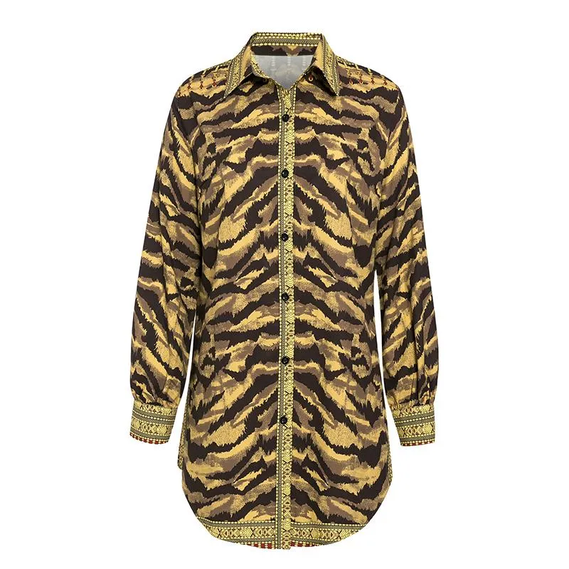 Animal Print Button Up Women's Long Sleeve Dress