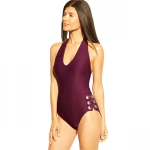 Aqua Green Women's Textured Halter Grommet One Piece Swimsuit