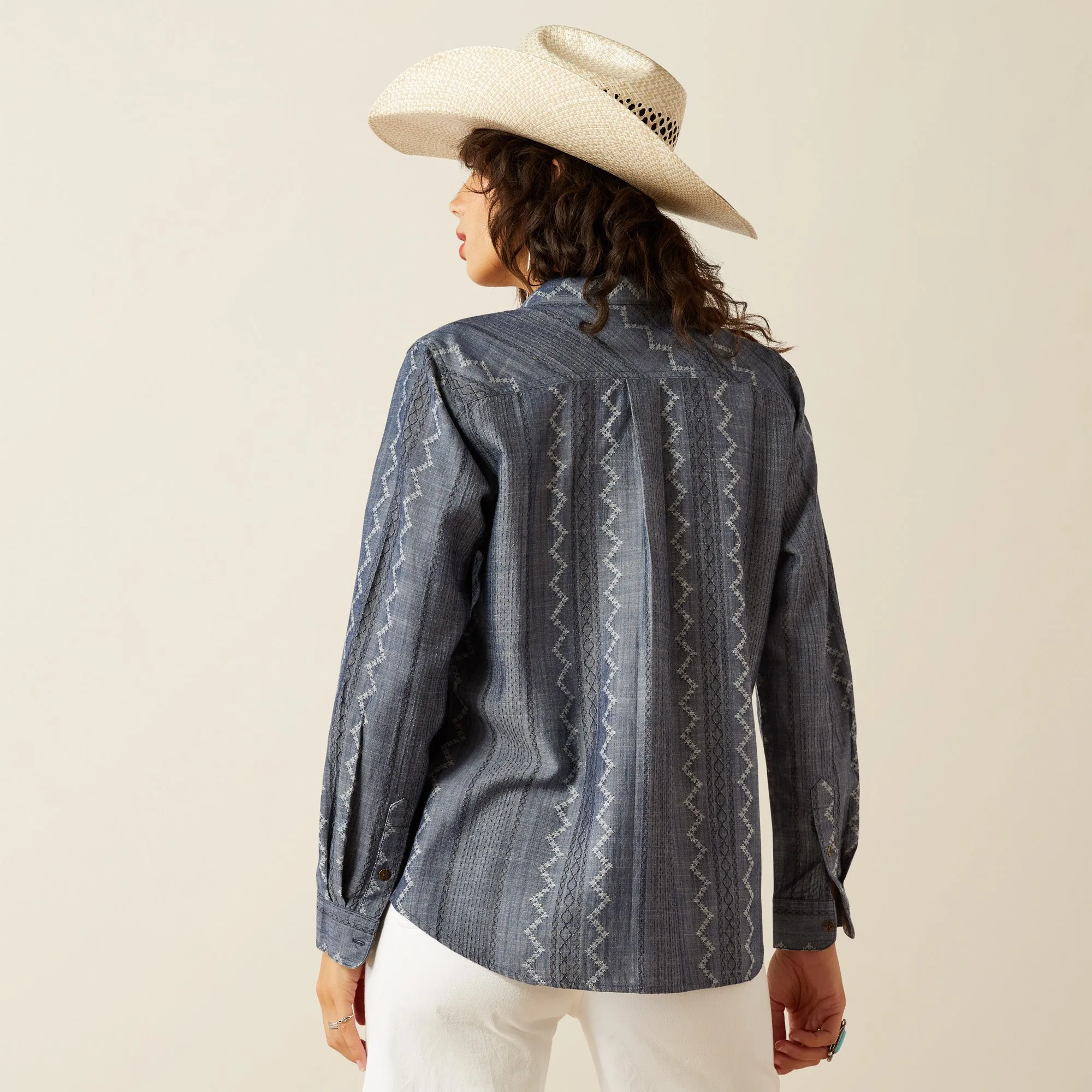 Ariat Women's Blue Chambray Southwest Print Button-Down Billie Jean Blouse