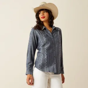 Ariat Women's Blue Chambray Southwest Print Button-Down Billie Jean Blouse