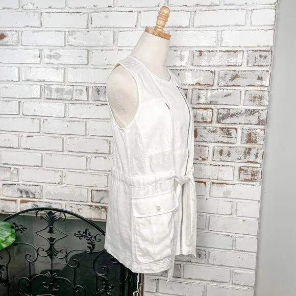 Athleta Wander bout White Linen Sleeveless Belted Utilitarian Sleeveless Vest S