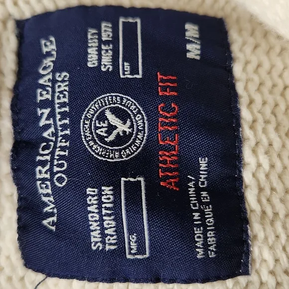 Beige chunky cableknit AE shawl collar preppy grandpa fisherman's sweater