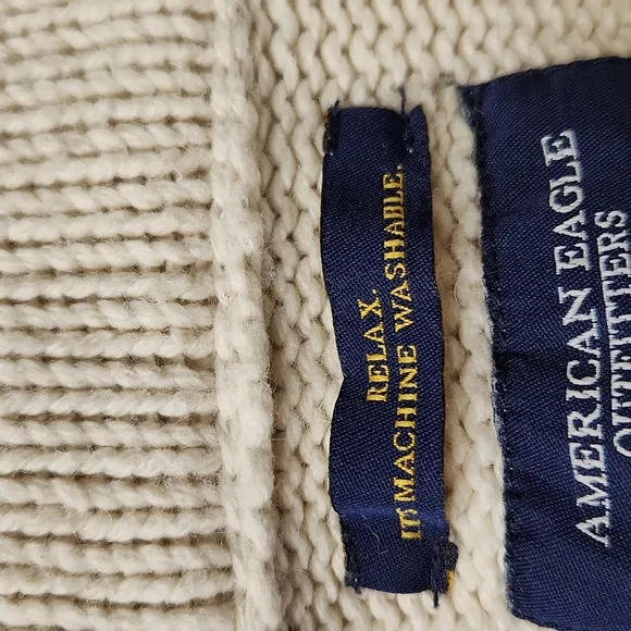 Beige chunky cableknit AE shawl collar preppy grandpa fisherman's sweater