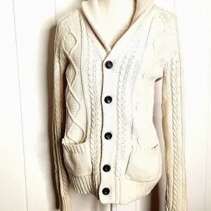 Beige chunky cableknit AE shawl collar preppy grandpa fisherman's sweater