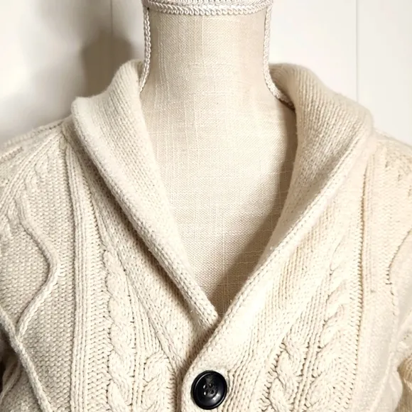Beige chunky cableknit AE shawl collar preppy grandpa fisherman's sweater