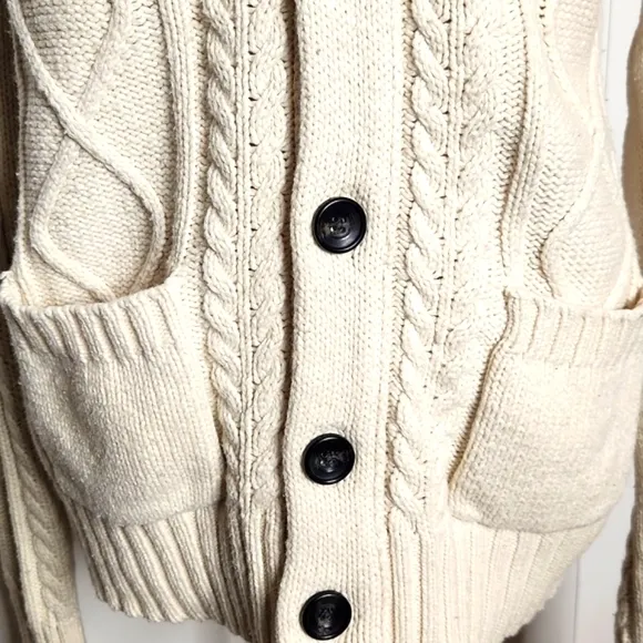 Beige chunky cableknit AE shawl collar preppy grandpa fisherman's sweater