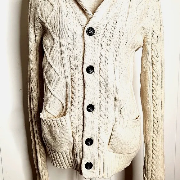 Beige chunky cableknit AE shawl collar preppy grandpa fisherman's sweater