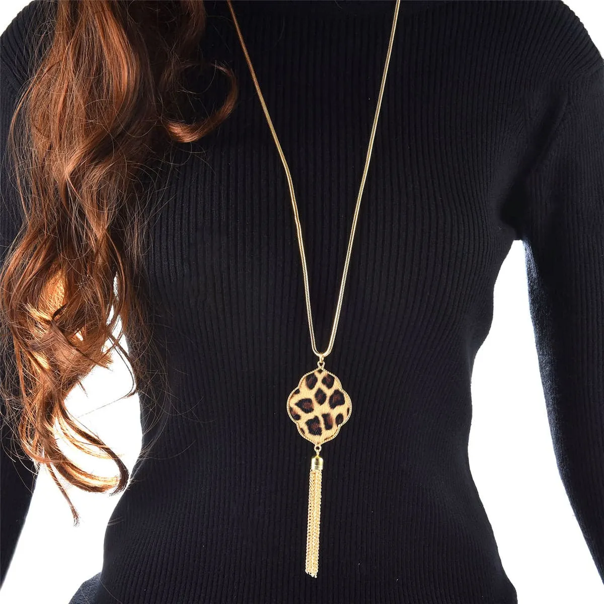 Beige Polyurethan & 18K Gold-Plated Leopard Lattice Tassel Pendant Necklace