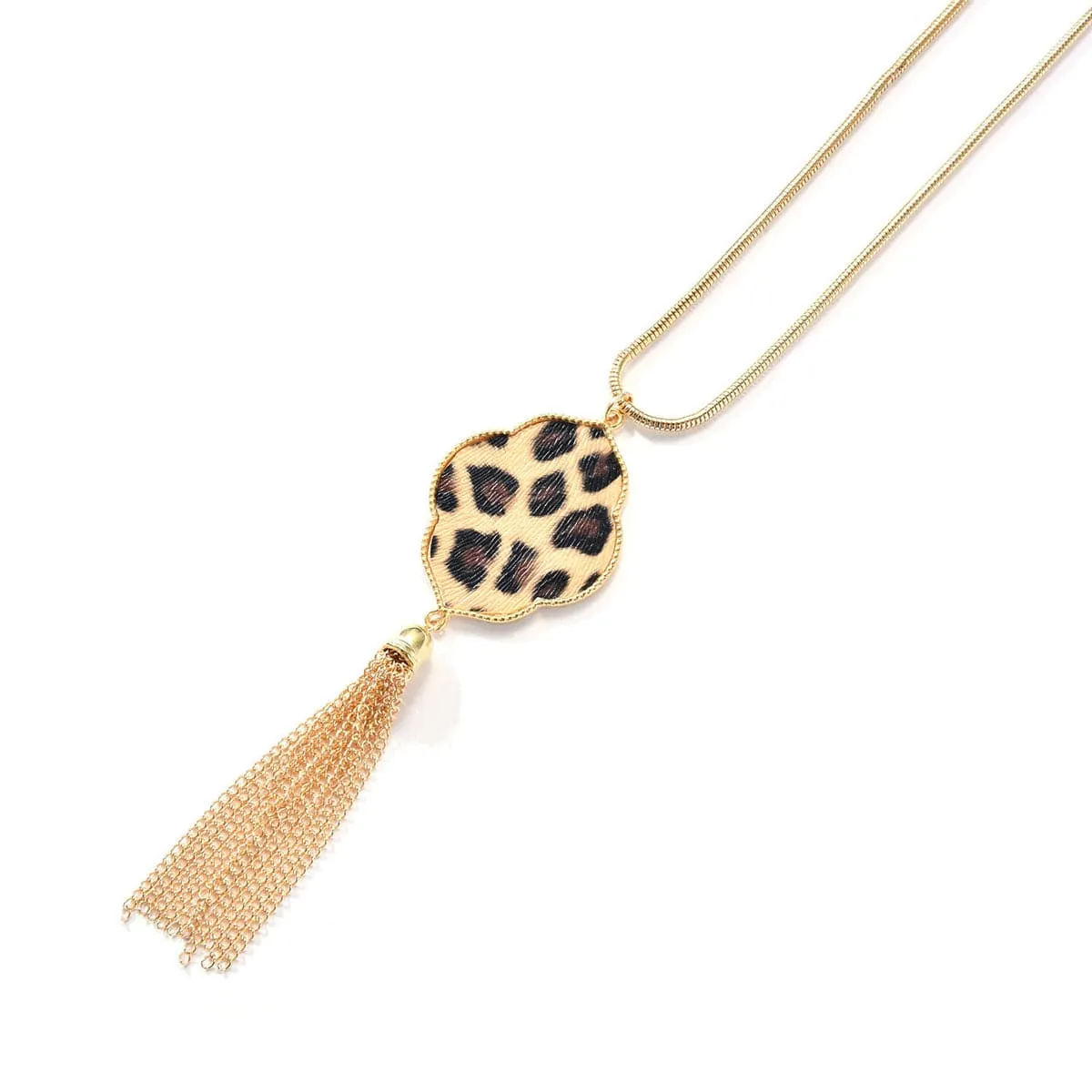Beige Polyurethan & 18K Gold-Plated Leopard Lattice Tassel Pendant Necklace