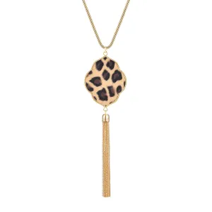 Beige Polyurethan & 18K Gold-Plated Leopard Lattice Tassel Pendant Necklace