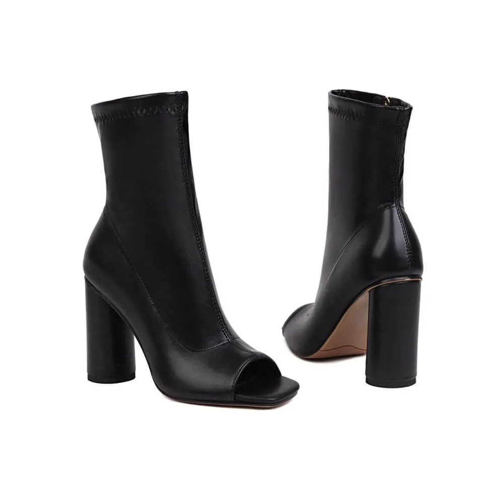 Black Block Heel Open Toe Ankle Boots