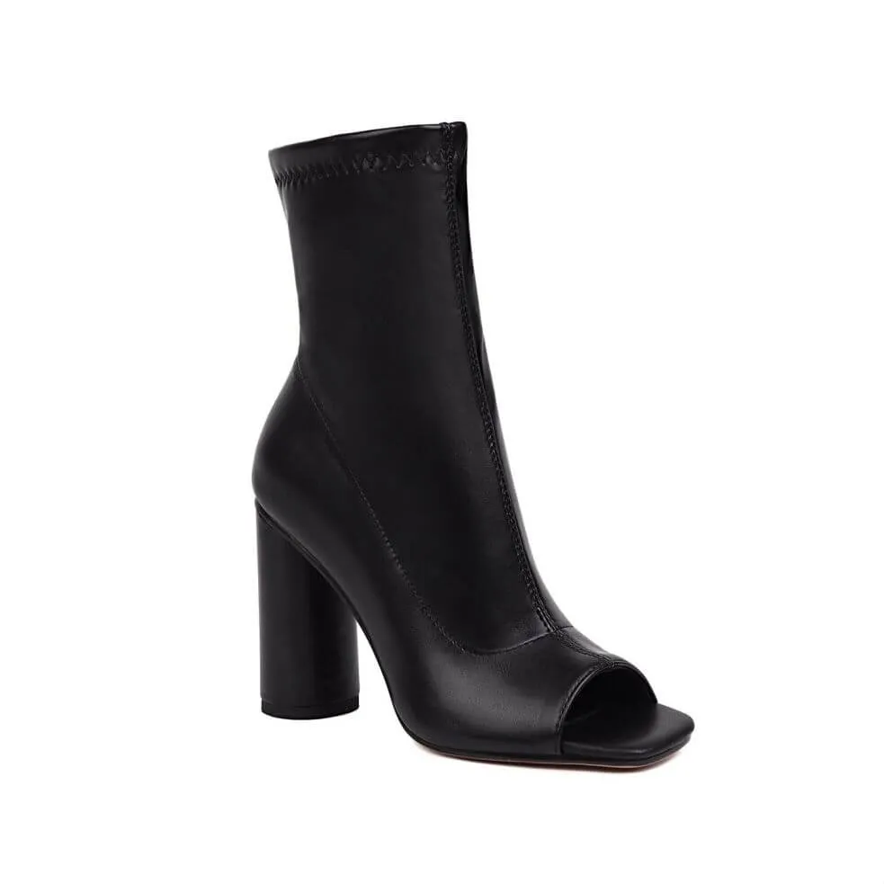 Black Block Heel Open Toe Ankle Boots