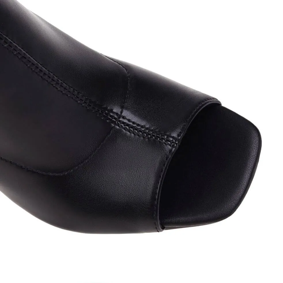Black Block Heel Open Toe Ankle Boots