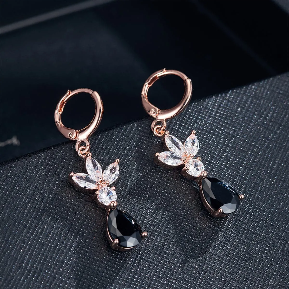 Black Crystal & 18K Rose Gold-Plated Flower Teardrop Earrings
