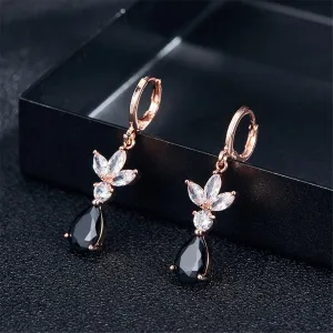 Black Crystal & 18K Rose Gold-Plated Flower Teardrop Earrings