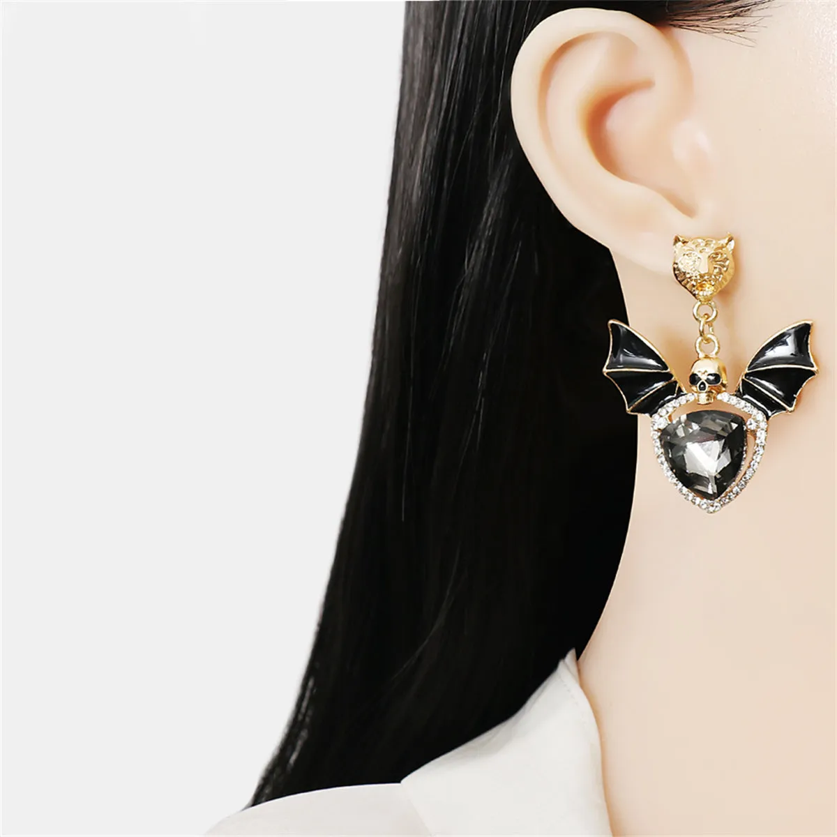 Black Crystal & Cubic Zirconia Skull Bat Drop Earrings