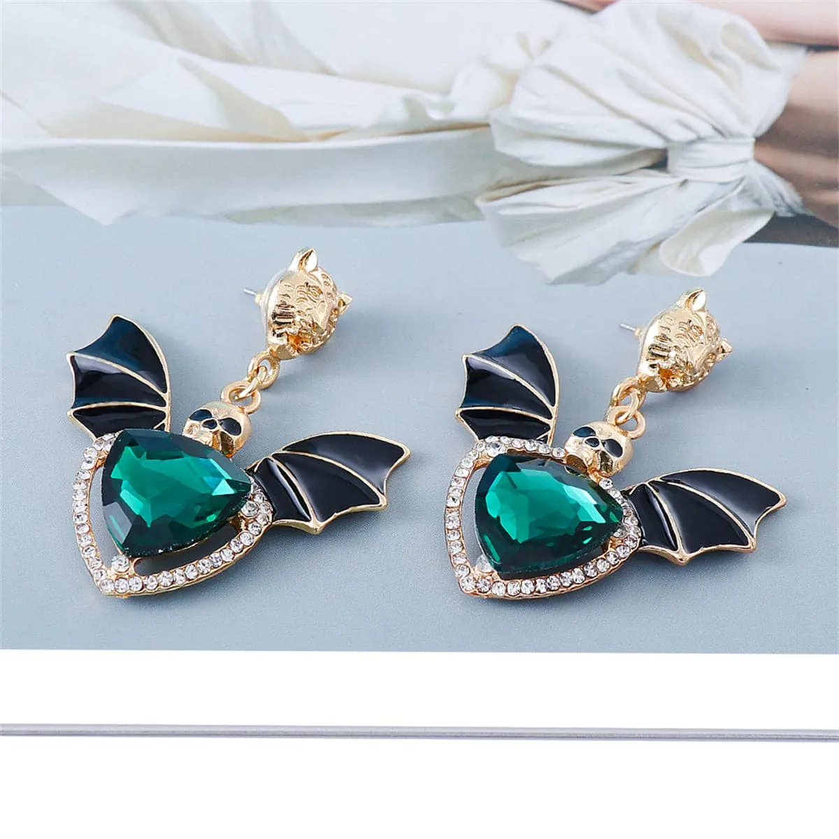 Black Crystal & Cubic Zirconia Skull Bat Drop Earrings