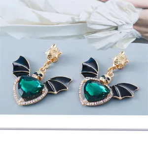 Black Crystal & Cubic Zirconia Skull Bat Drop Earrings