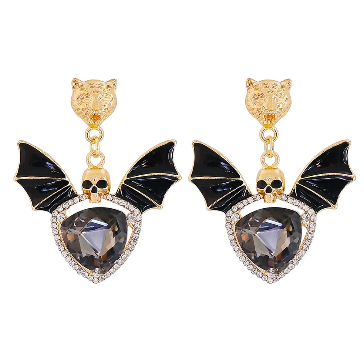 Black Crystal & Cubic Zirconia Skull Bat Drop Earrings
