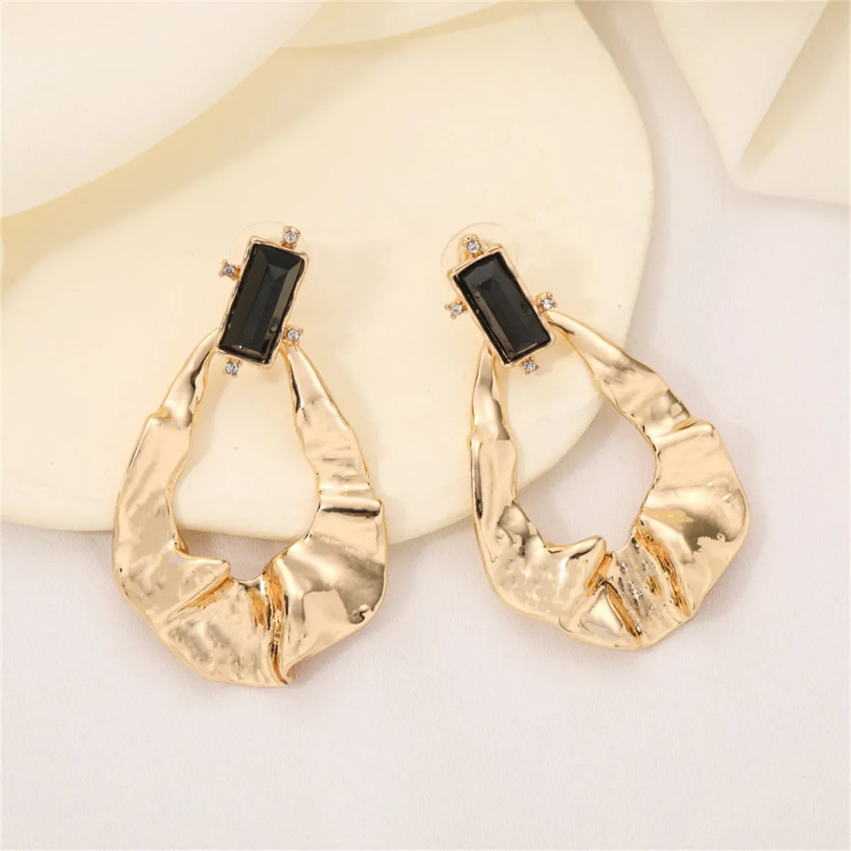 Black Crystal & Cubic Zirconia Textured Open Drop Earrings