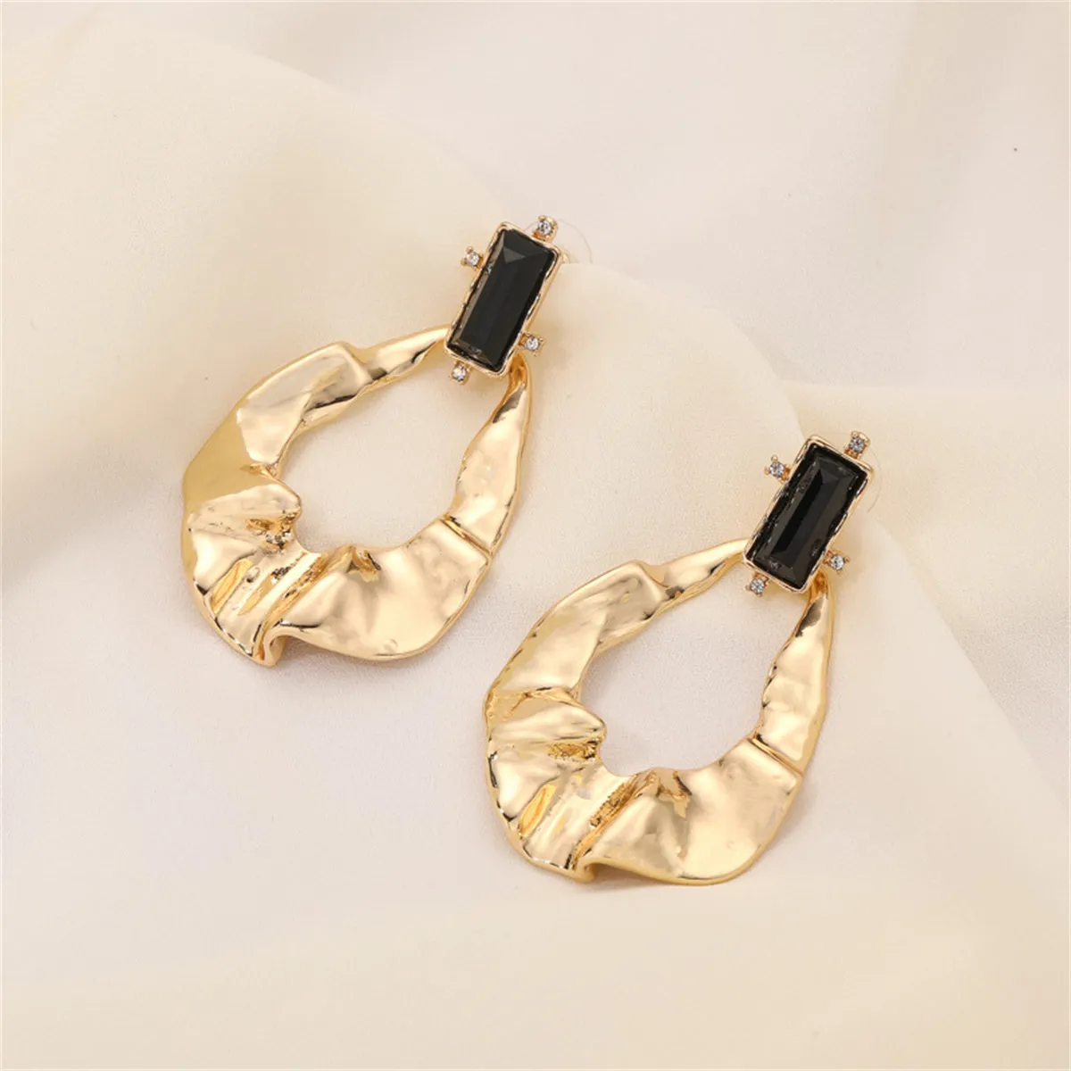 Black Crystal & Cubic Zirconia Textured Open Drop Earrings