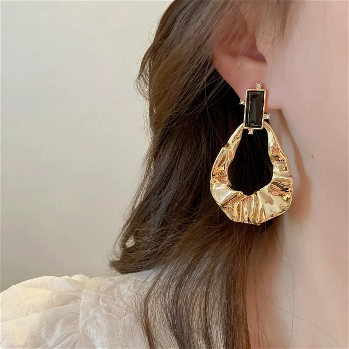Black Crystal & Cubic Zirconia Textured Open Drop Earrings