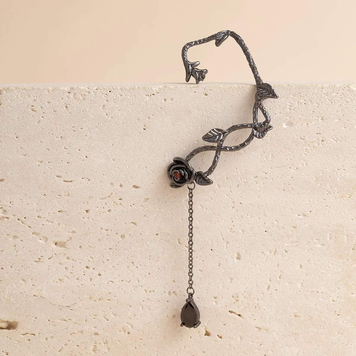 Black Crystal & Rhodium-Plated Rose Drop Ear Cuffs