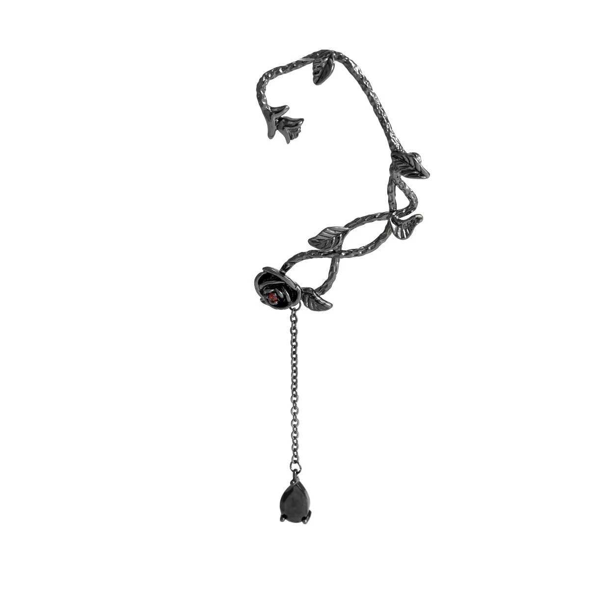 Black Crystal & Rhodium-Plated Rose Drop Ear Cuffs