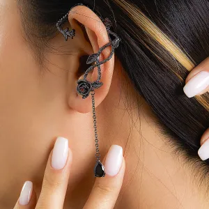 Black Crystal & Rhodium-Plated Rose Drop Ear Cuffs