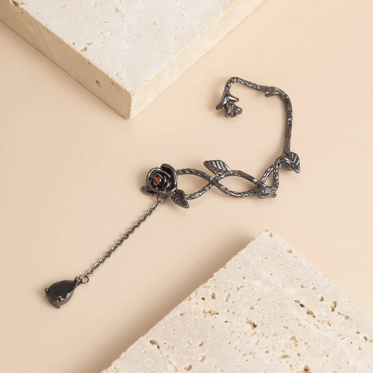 Black Crystal & Rhodium-Plated Rose Drop Ear Cuffs