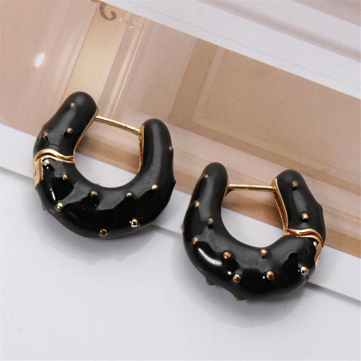 Black Enamel & 18K Gold-Plated Huggie Earrings