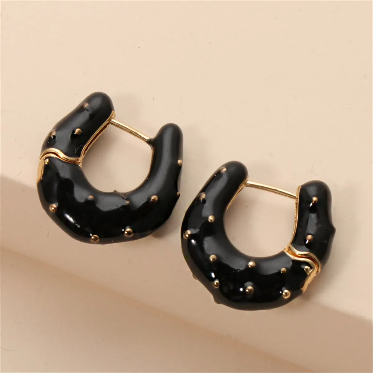 Black Enamel & 18K Gold-Plated Huggie Earrings