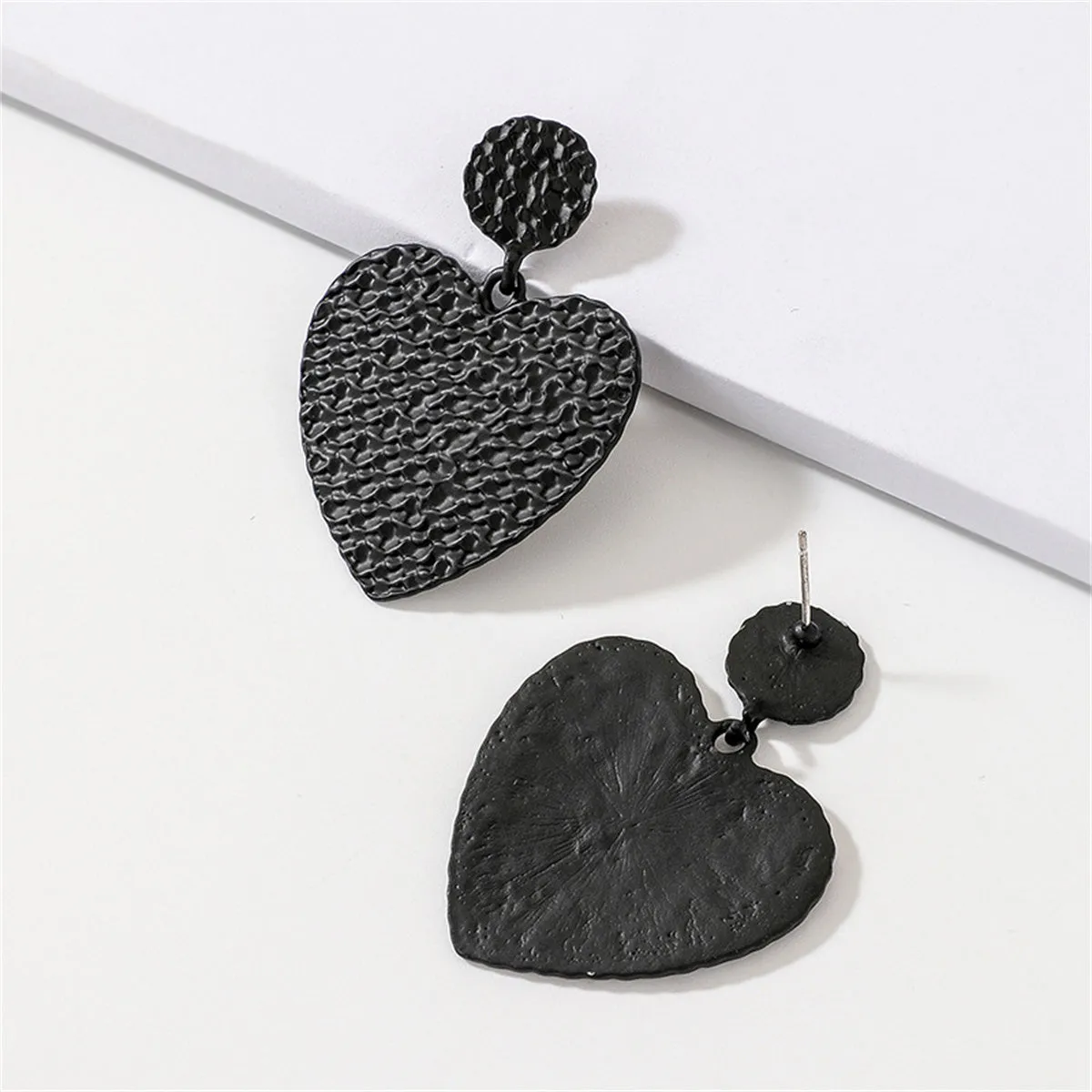 Black Enamel & Silver-Plated Heart Drop Earrings