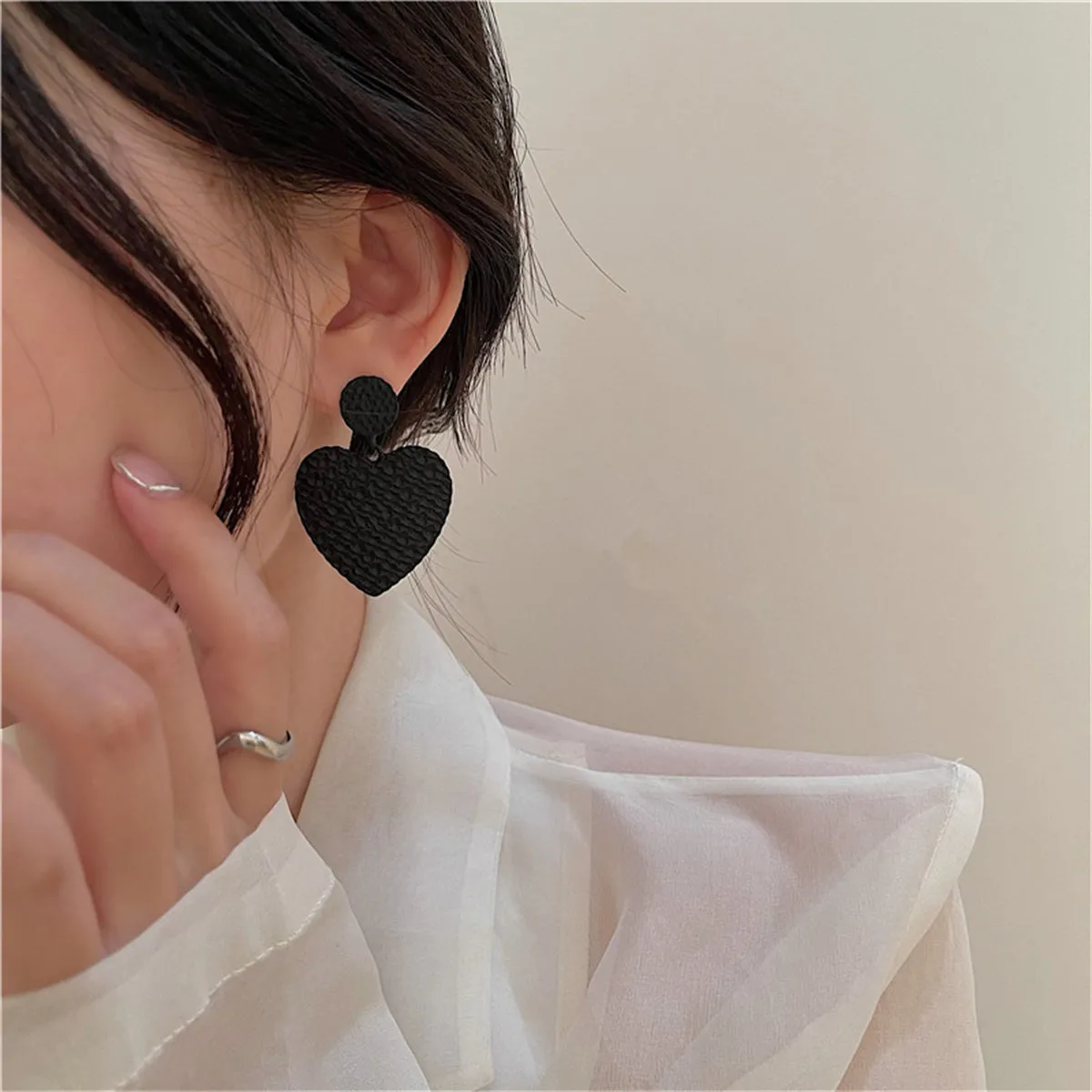 Black Enamel & Silver-Plated Heart Drop Earrings