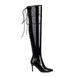 Black Pointed Toe Lace-Up Over-The-Knee Boots