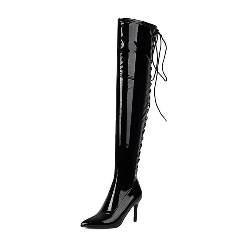 Black Pointed Toe Lace-Up Over-The-Knee Boots