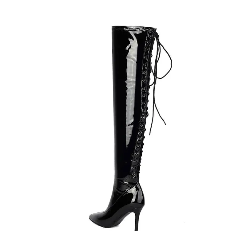 Black Pointed Toe Lace-Up Over-The-Knee Boots
