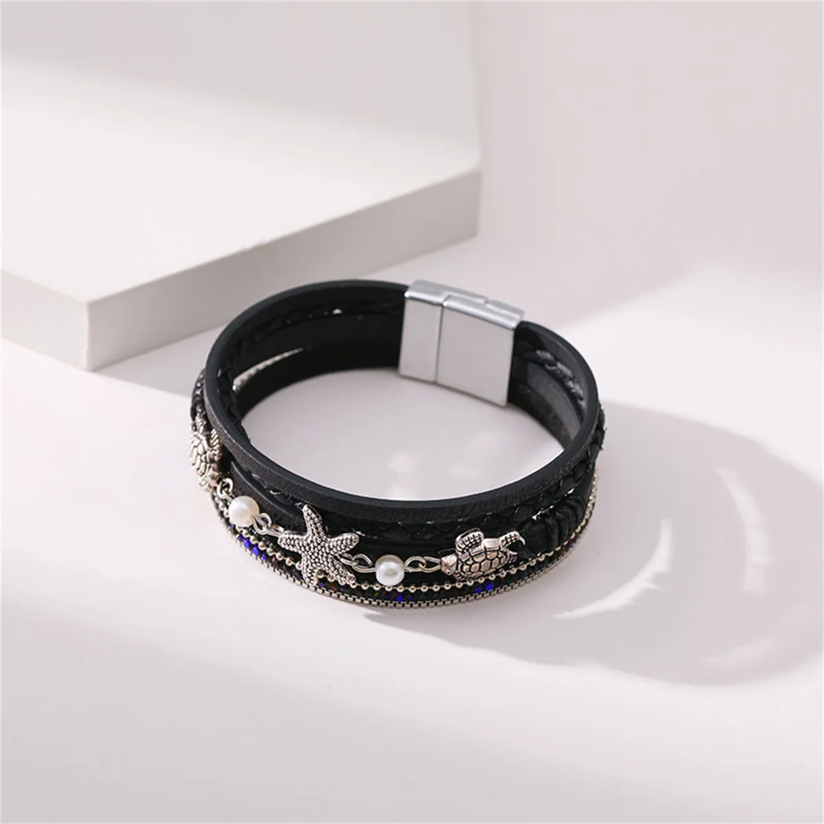 Black Polystyrene & Pearl Turtle Starfish Layered Bracelet