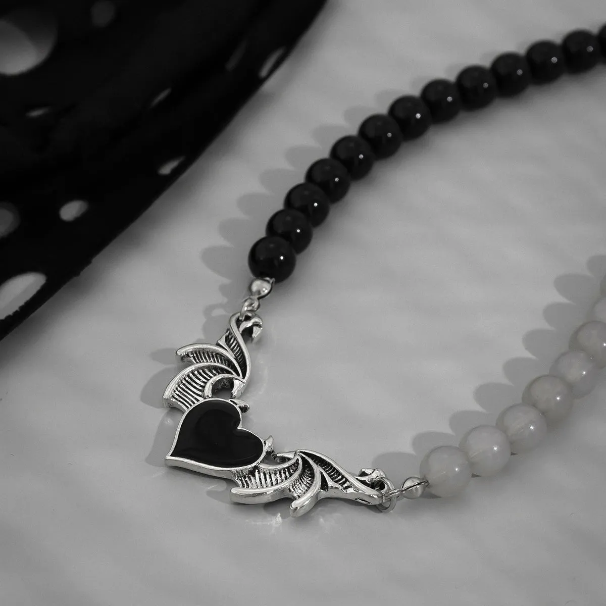 Black Quartz & Enamel Silver-Plated Winged Heart Pendant Necklace