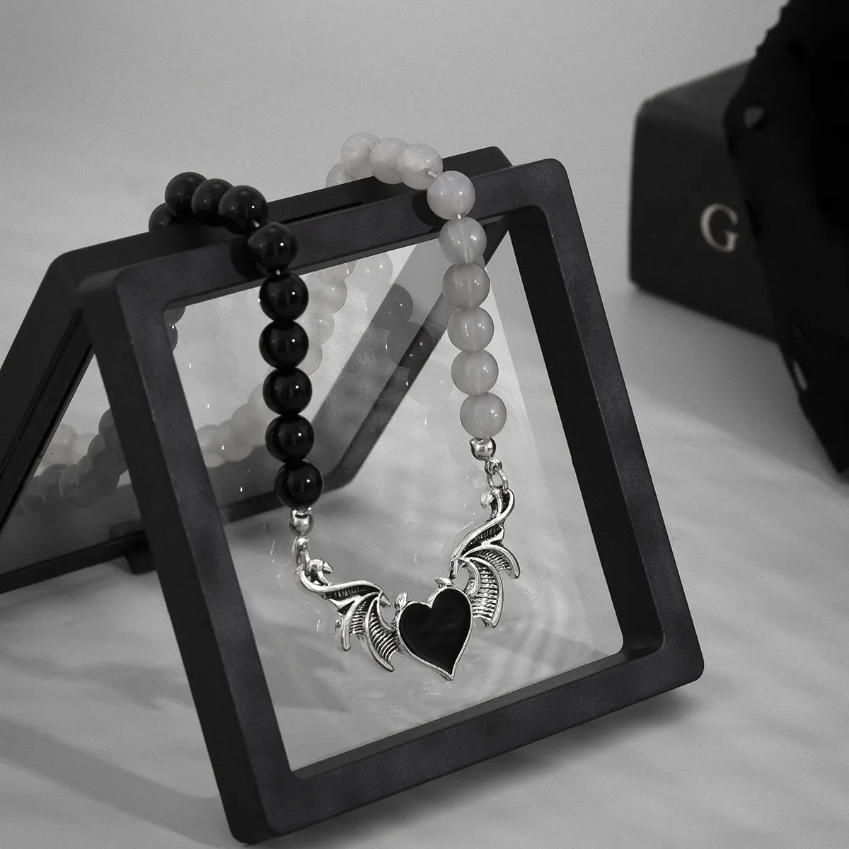 Black Quartz & Enamel Silver-Plated Winged Heart Pendant Necklace