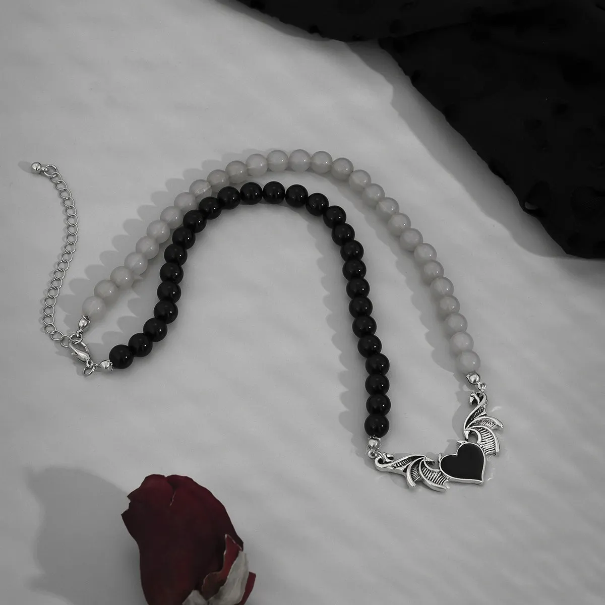 Black Quartz & Enamel Silver-Plated Winged Heart Pendant Necklace