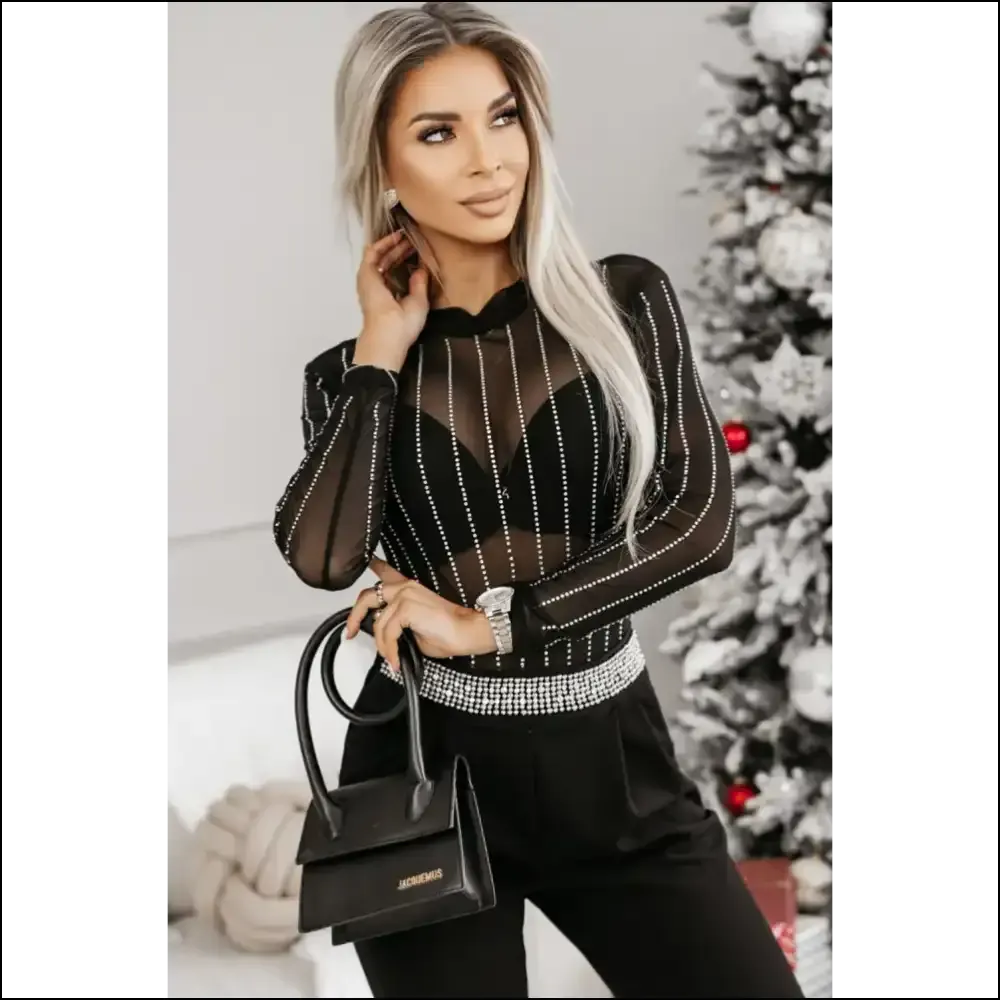 Black Rhinestone Striped Bodysuit: Sparkle , Slay All Day! ✨ Needful Things