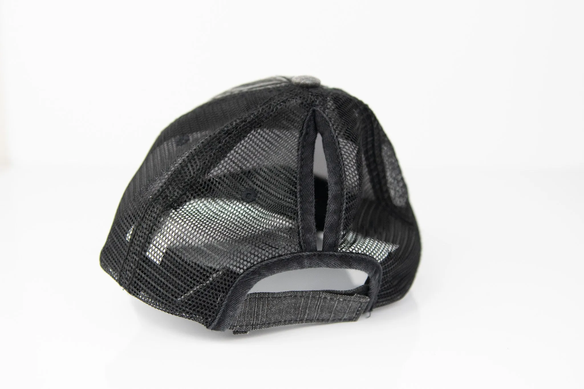 Black Vintage Distressed Hat with Ponytail back