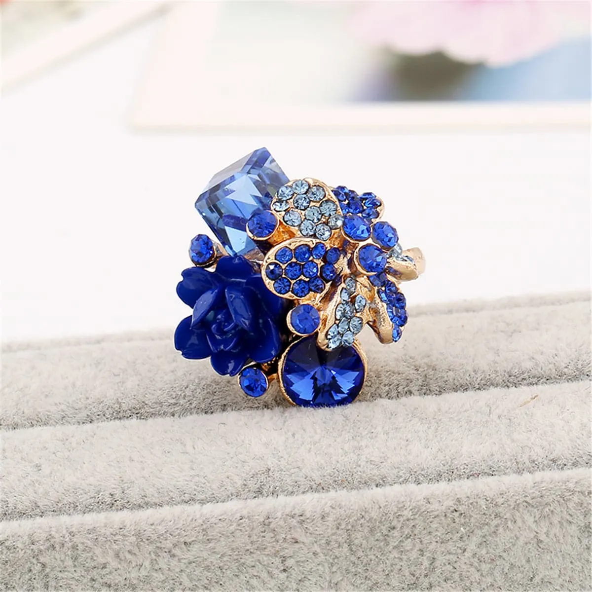 Blue Crystal & Cubic Zirconia Group Flower Ring