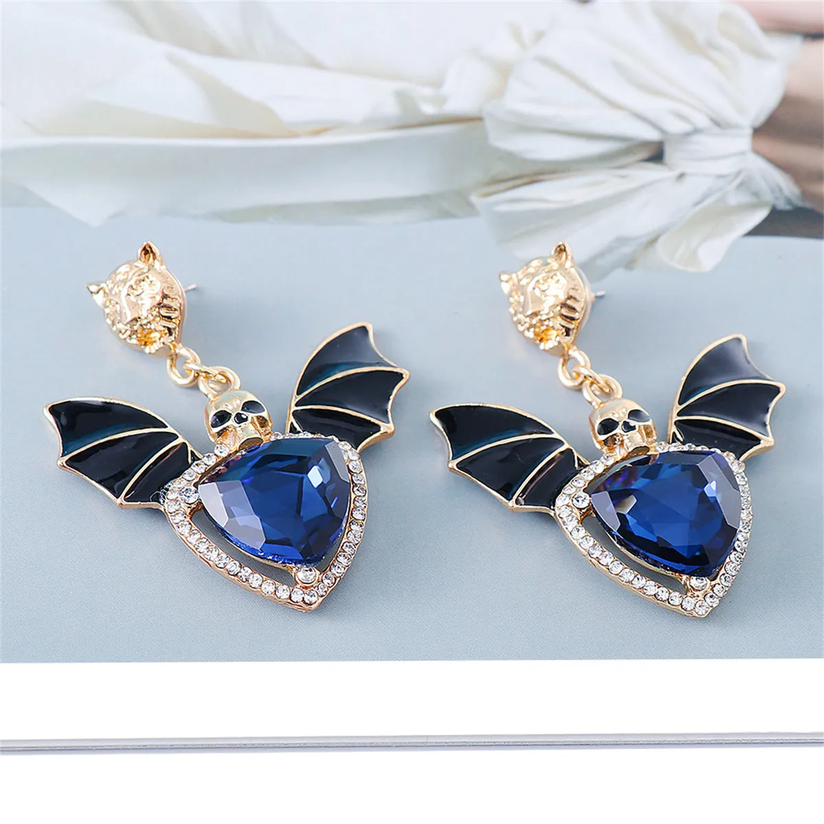 Blue Crystal & Cubic Zirconia Skull Bat Drop Earrings