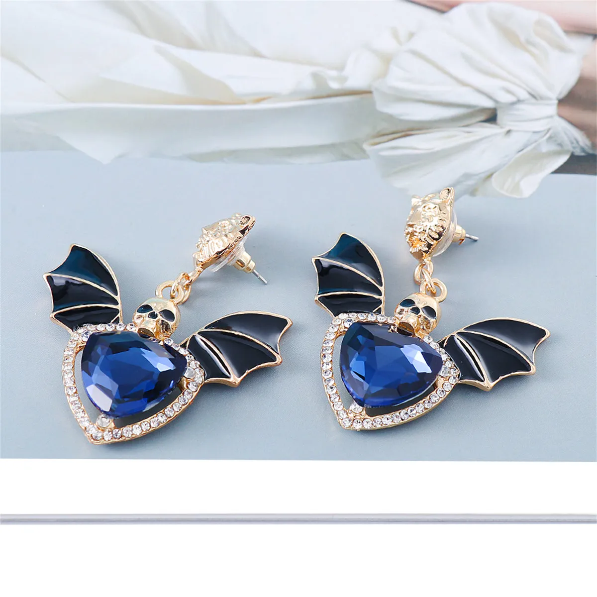 Blue Crystal & Cubic Zirconia Skull Bat Drop Earrings