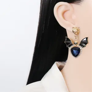 Blue Crystal & Cubic Zirconia Skull Bat Drop Earrings