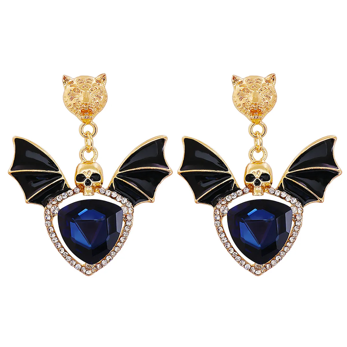 Blue Crystal & Cubic Zirconia Skull Bat Drop Earrings