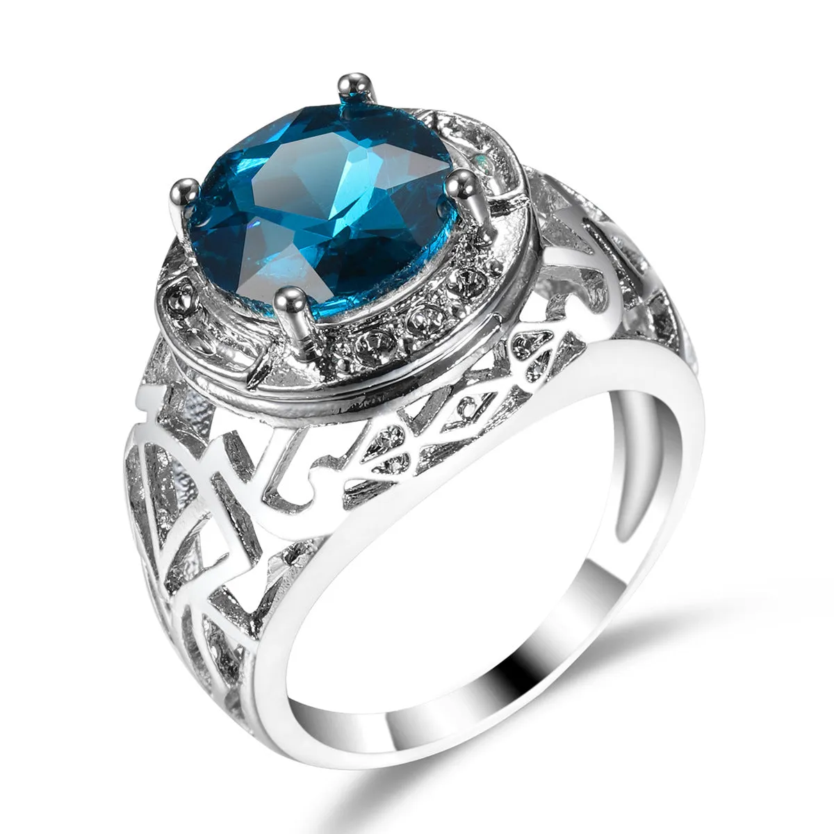 Blue Crystal & Silver-Plated Filigree Cocktail Ring